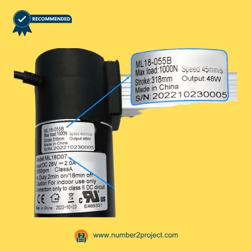 MULIN ML18-055B actuator label showing 28V DC input 318mm stroke 1000N load 45mm/s speed recliner lift chair motor specs close up Number2project