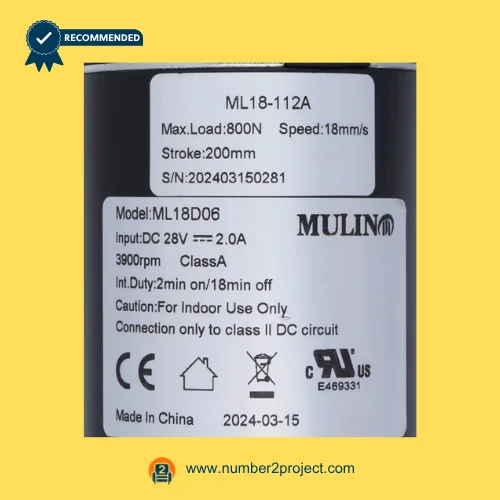 MULIN ML18-112A linear actuator label showing max load 800N speed 18mm/s stroke 200mm 28V DC input recliner motor specifications Number2project