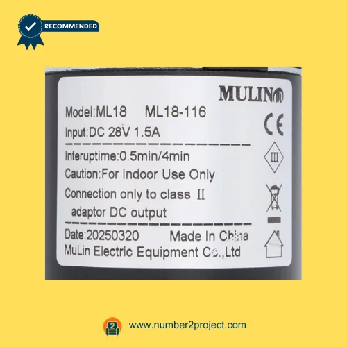 MULIN ML18-116 linear actuator label showing 28V DC input 1.5A duty cycle and safety specifications recliner lift chair motor detail close up Number2project