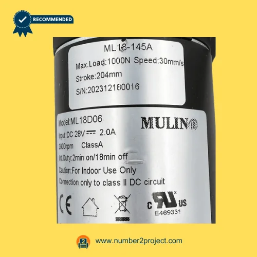 MULIN ML18-145A actuator label showing 28V DC input 204mm stroke 1000N load 30mm/s speed recliner lift chair motor specs close up Number2project