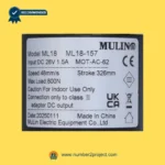 MULIN ML18-157 MOT-AC-62 linear actuator label showing 28V DC input 1.5A speed 48mm/s stroke 326mm max load 800N recliner motor specifications Number2project