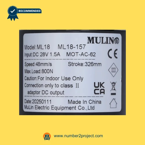 MULIN ML18-157 MOT-AC-62 linear actuator label showing 28V DC input 1.5A speed 48mm/s stroke 326mm max load 800N recliner motor specifications Number2project