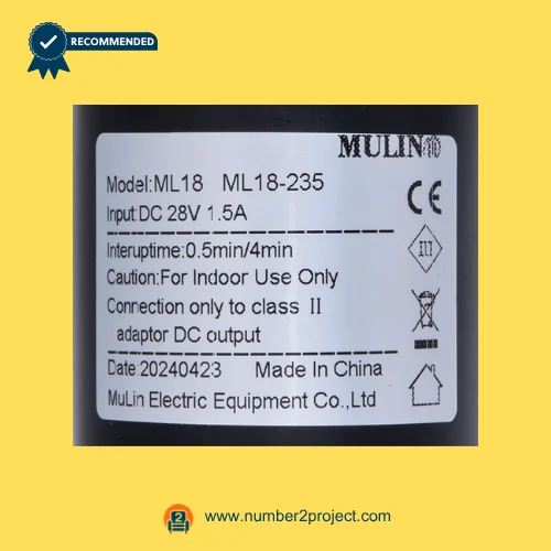MULIN ML18-235 linear actuator label showing 28V DC input 1.5A duty cycle 0.5min on 4min off recliner motor specifications Number2project