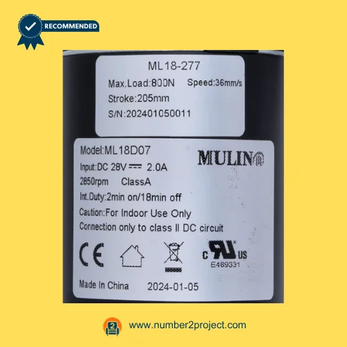 MULIN ML18-277 linear actuator label showing max load 800N speed 36mm/s stroke 205mm 28V DC input recliner motor specifications Number2project
