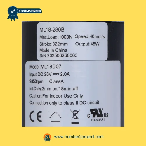 MULIN ML18-280B actuator label showing 28V DC input 322mm stroke 1000N load 40mm/s speed recliner lift chair motor specs close up Number2project