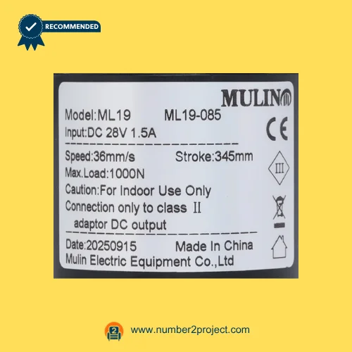 MULIN ML19-085 linear actuator label showing model ML19 DC 28V input speed stroke load specifications recliner actuator label close up Number2project