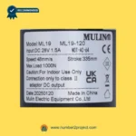 MULIN ML19-120 MOT-AC-64 linear actuator label showing 28V DC input 1.5A speed 48mm/s stroke 335mm and 1000N load recliner lift chair motor detail close up Number2project