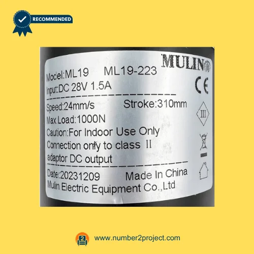 MULIN ML19-223 linear actuator label showing 28V DC input 1.5A speed 24mm/s stroke 310mm and 1000N load recliner lift chair motor detail close up Number2project