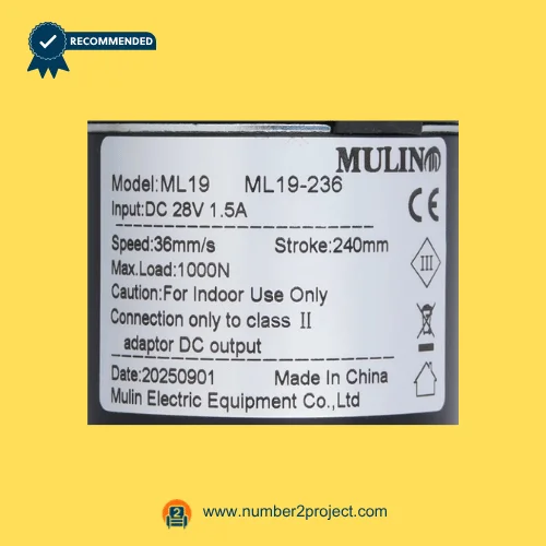 MULIN ML19-236 actuator label showing 28V DC input 240mm stroke 1000N load 36mm/s speed recliner lift chair motor specs close up Number2project