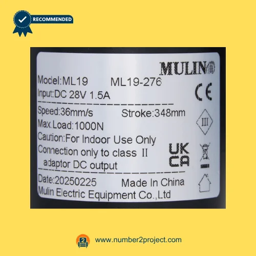 MULIN ML19-276 linear actuator label showing 28V DC input 1.5A speed 36mm/s stroke 348mm and 1000N load recliner lift chair motor detail close up Number2project