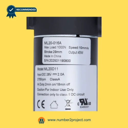 MULIN ML20-016A linear actuator label showing 28V DC input 2.0A speed 10mm/s stroke 29mm and 1000N load recliner lift chair motor detail close up Number2project