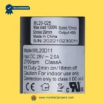 MULIN ML20-025 linear actuator label showing model ML20 input DC 28V speed stroke load duty cycle specifications recliner actuator label close up Number2project