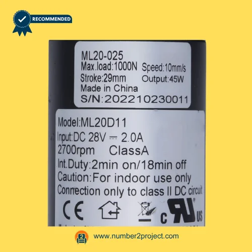 MULIN ML20-025 linear actuator label showing model ML20 input DC 28V speed stroke load duty cycle specifications recliner actuator label close up Number2project