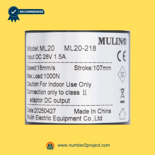 MULIN ML20-218 linear actuator label showing model ML20 DC 28V input speed stroke load specifications recliner actuator label close up Number2project