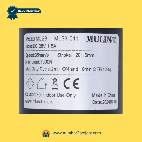 MULIN ML23-011 linear actuator label showing 28V DC input 1.5A speed stroke load specifications recliner lift chair motor detail close up Number2project