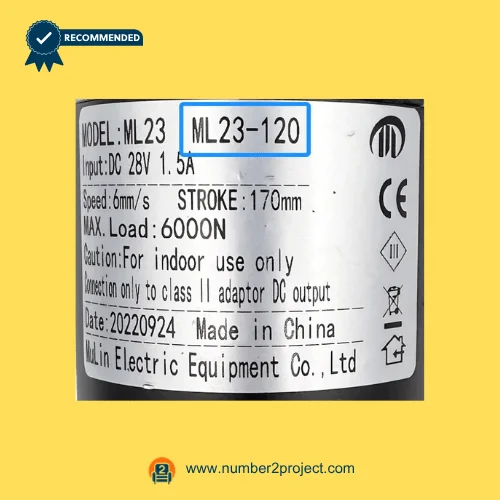 MULIN ML23-120 actuator label DC 28V 1.5A 6000N recliner lift chair motor specification plate close up motion furniture Number2project