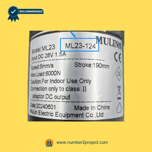 MULIN ML23-124 linear actuator label showing 28V DC input 1.5A speed stroke 190mm and 6000N load recliner lift chair motor detail close up Number2project
