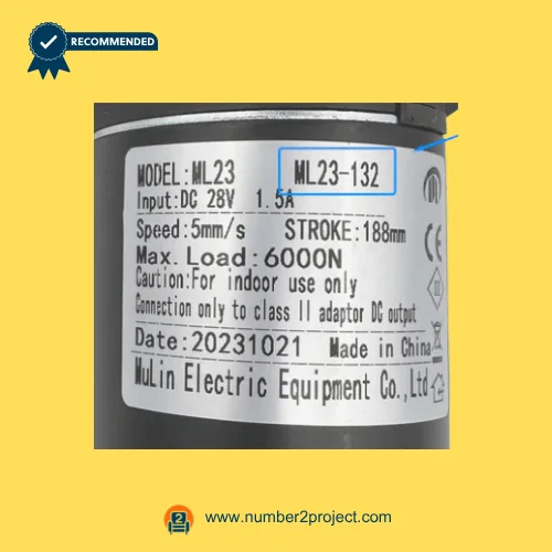 MULIN ML23-132 linear actuator label showing 28V DC input 1.5A stroke 188mm and 6000N load recliner lift chair motor detail close up Number2project
