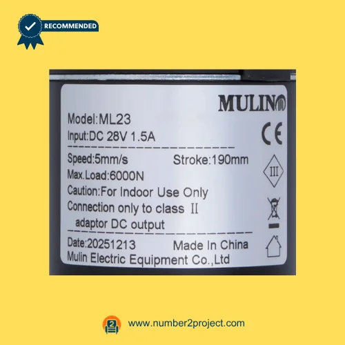 MULIN ML23 linear actuator label showing 28V DC input 1.5A speed 5mm/s stroke 190mm max load 6000N recliner motor specifications Number2project