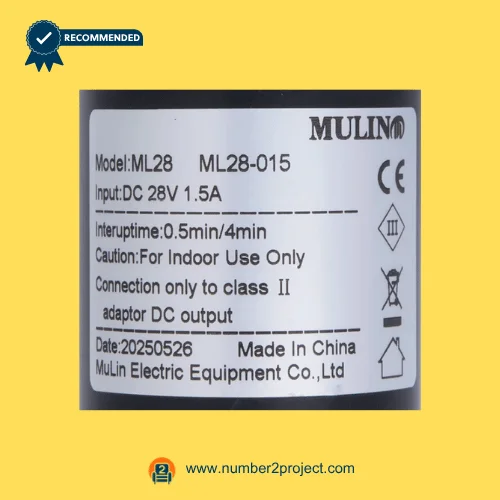 MULIN ML28-015 linear actuator label showing 28V DC input 1.5A duty cycle and safety specifications recliner lift chair motor detail close up Number2project