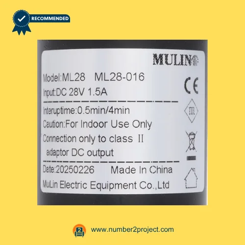 MULIN ML28-016 linear actuator label showing 28V DC input 1.5A duty cycle and safety specifications recliner lift chair motor detail close up Number2project