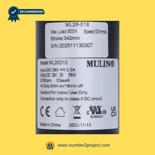 MULIN ML28-018 linear actuator label showing 28V DC input 2.0A speed 52mm/s stroke 342mm and 800N load recliner lift chair motor detail close up Number2project