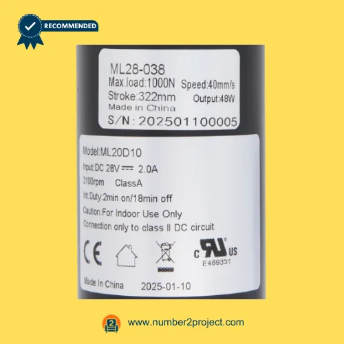 MULIN ML28-038 actuator label showing 28V DC input 322mm stroke 1000N load 40mm/s speed recliner lift chair motor specs close up Number2project