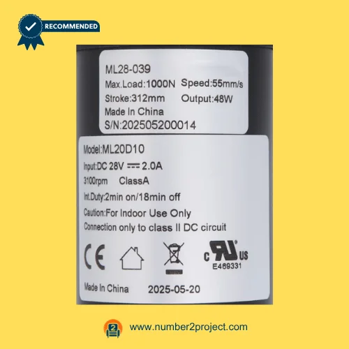 MULIN ML28-039 actuator label showing 28V DC input 312mm stroke 1000N load 55mm/s speed recliner lift chair motor specs close up Number2project