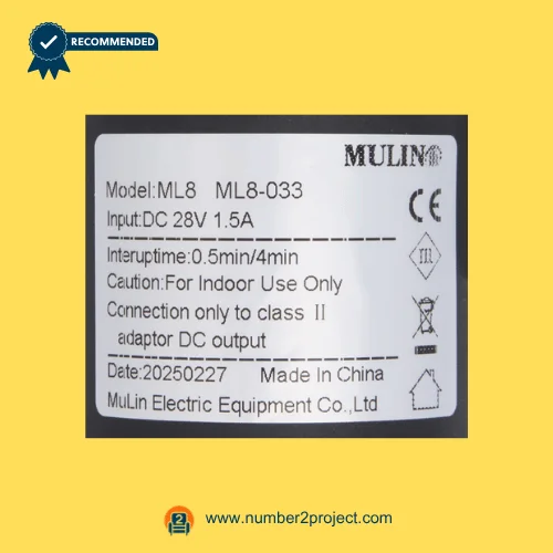 MULIN ML8-033 linear actuator label showing model ML8 DC 28V input interuptime specifications recliner actuator label close up Number2project
