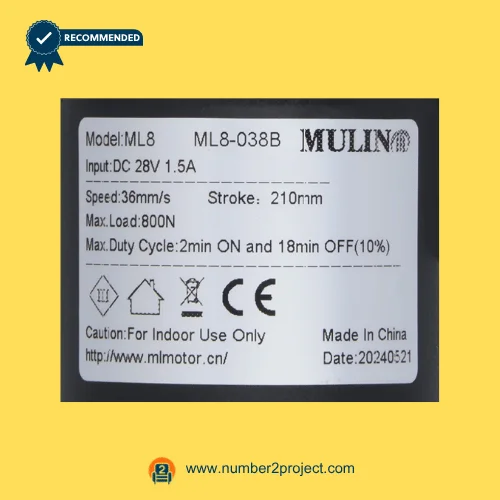 MULIN ML8-038B linear actuator label showing model ML8 DC 28V input speed stroke load duty cycle specifications recliner actuator label close up Number2project