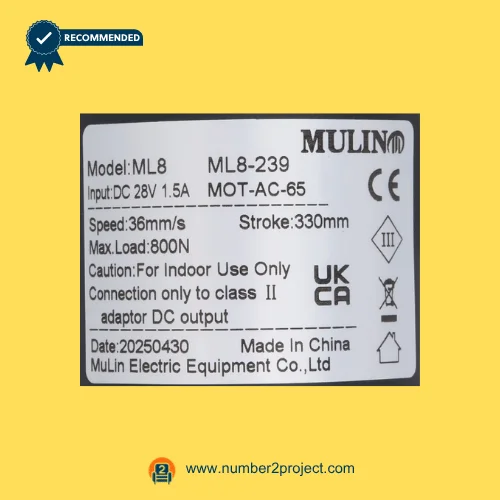 MULIN ML8-239 MOT-AC-65 actuator label showing 28V DC input 330mm stroke 800N load 36mm/s speed recliner lift chair motor specs close up Number2project