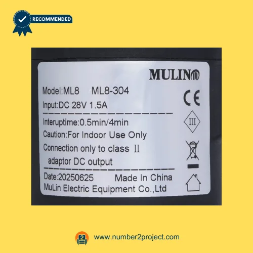 MULIN ML8-304 linear actuator label showing 28V DC input 1.5A duty cycle 0.5min on 4min off recliner motor specifications Number2project