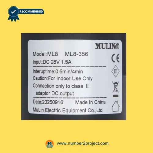 MULIN ML8-356 linear actuator label showing model ML8 DC 28V input interuptime specifications recliner actuator label close up Number2project
