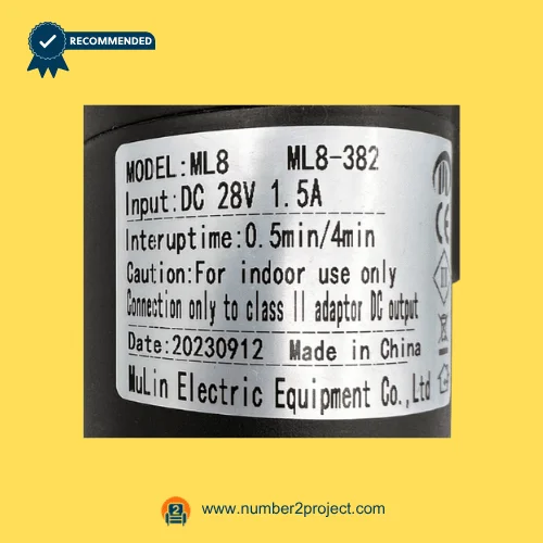 MULIN ML8-382 linear actuator label showing 28V DC input 1.5A duty cycle and safety specs recliner lift chair motor detail close up Number2project