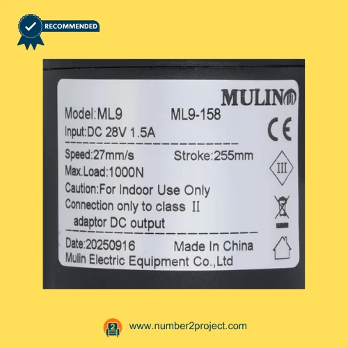 MULIN ML9-158 linear actuator label showing model ML9 DC 28V input speed stroke load specifications recliner actuator label close up Number2project