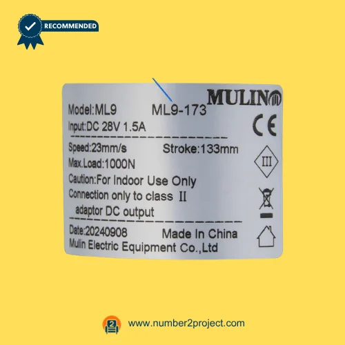 MULIN ML9-173 linear actuator label showing 28V DC input 1.5A speed 23mm/s stroke 133mm and 1000N load recliner lift chair motor detail close up Number2project