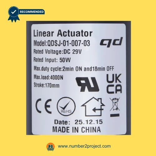 QDSJ-01-007-03 linear actuator label showing 170mm stroke 4000N load 29V DC specifications recliner motor sticker close up Number2project