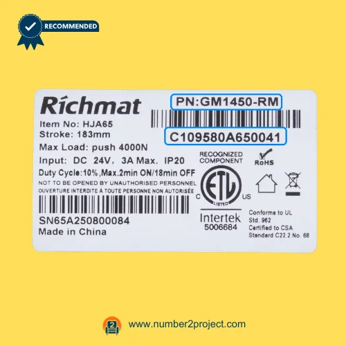 Richmat HJA65 GM1450-RM actuator label showing 183mm stroke 4000N load 24V DC specifications barcode and serial number recliner motor sticker Number2project