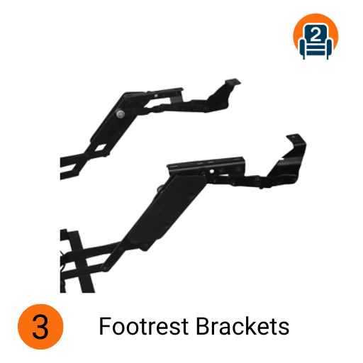 Two black recliner footrest brackets shown on a green background with the Number2project logo and label "3 Footrest Brackets."