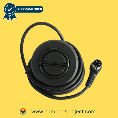 31.Fromann Round Hand Control for Power Recliners and Lift Chairs Image of Fromann 2-button round hand control handset with a 5-pin plug for power recliners or lift chairs, on a yellow background with a verification check and the website www.number2project.com.