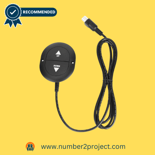 60.2-Button 5-Pin Electric Sofa Hand Controller Image of a round, black electric sofa hand controller with 'Up' and 'Down' buttons, attached to a long black cable with a 5-pin connector.