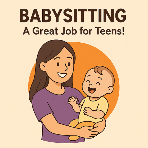 Babysitting – A Fun Job for Teens Starting at 14 Teen girl holding a smiling baby, promoting babysitting as a job for 14-year-olds