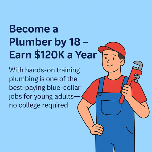 Become a Plumber by 18 – Earn $120K a Year Young plumber in red and blue uniform holding a pipe wrench, with text showing $120K annual salary potential
