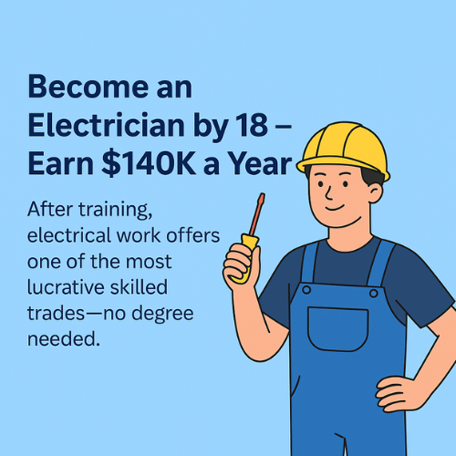Become an Electrician by 18 – Earn $140K a Year Young electrician wearing a hard hat and holding a screwdriver, with text showing $140K yearly income
