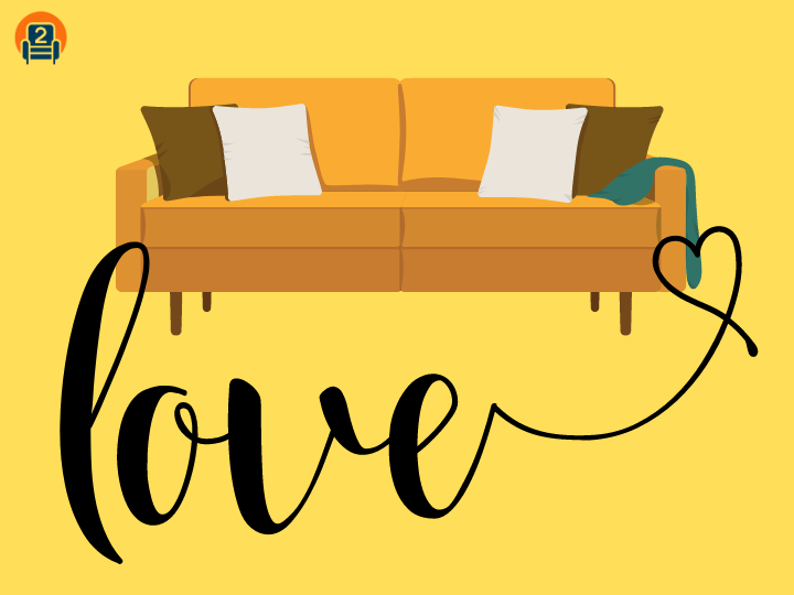 A cozy brown sofa with cushions, set against a yellow background with the word 'love' written in a flowing script that forms a heart shape