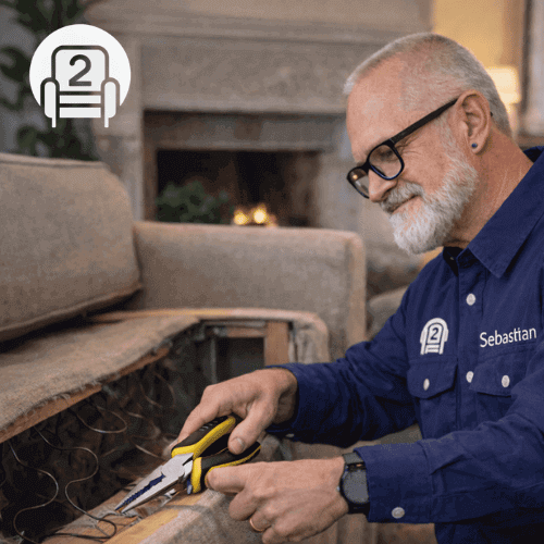 Number2project technician performing in-home sofa spring repair to fix a sagging couch and restore seat support