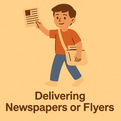 Delivering Newspapers or Flyers – A Classic Job That Hires at 14 A smiling teenage boy handing out a flyer, promoting newspaper and flyer delivery as a job for 14-year-olds