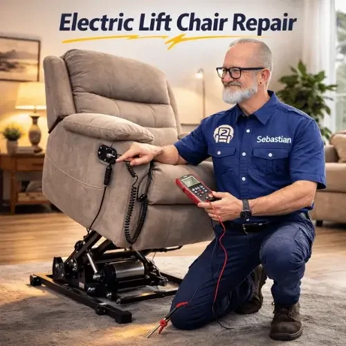 electric lift chair repair technician Sebastian testing side control switch on power lift chair recliner