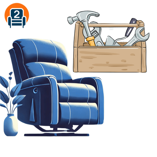 An image featuring a sleek blue recliner chair next to a wooden toolbox filled with essential tools like a hammer, wrench, and screwdriver. The image emphasizes the importance of having the right tools and materials for an effective recliner fix, guided by Number2project.