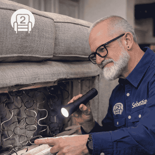 Number2project technician diagnosing broken sofa springs to repair a sagging couch and restore proper seat support
